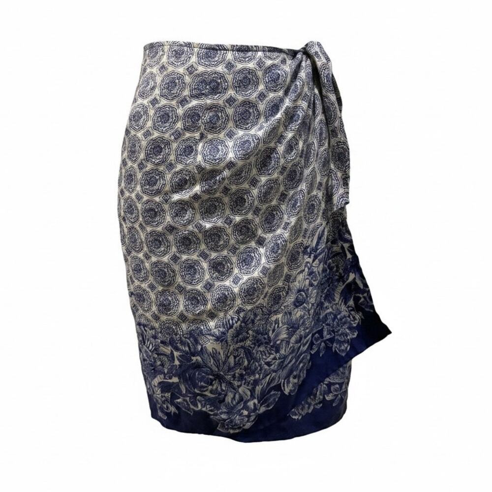 Vintage Ann Taylor 100% Silk Wrap Skirt Small Blue White Floral Medallion Luxury